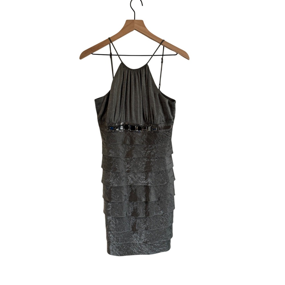 Adrianna Papell Y2K Metallic Grey Tiered Halter Cocktail Dress Jewel Waist Sz 8